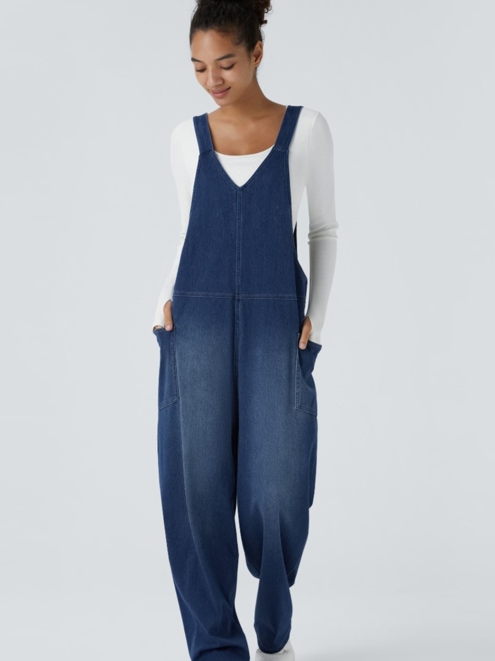 Halara V-Neck Wide-Leg Denim Overalls in Dark Blue